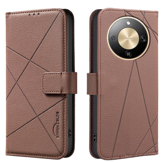 For Honor X9d 5G / X70 5G Geometric Pattern RFID Leather Phone Case(Brown)