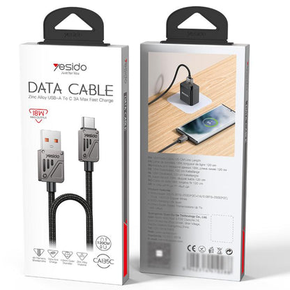 Yesido CA135C 18W 3A USB to USB-C / Type-C Zinc Alloy Data Cable, Length:1.2m(Black) - USB-C & Type-C Cable by Yesido | Online Shopping UK | buy2fix