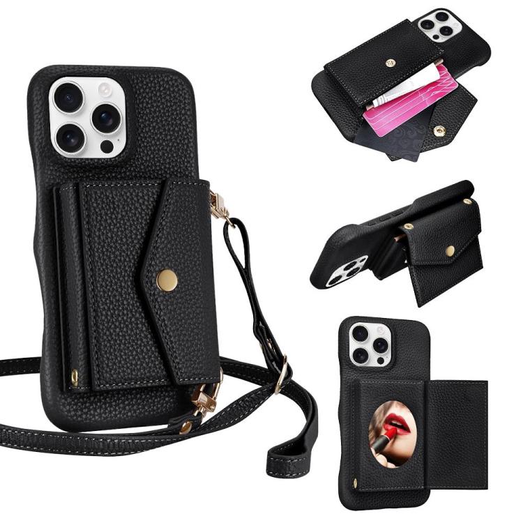 For iPhone 16 Pro Max Litchi Texture Horizontal Card Bag Holder Phone Case with Long Lanyard(Black) - iPhone 16 Pro Max Cases by buy2fix | Online Shopping UK | buy2fix