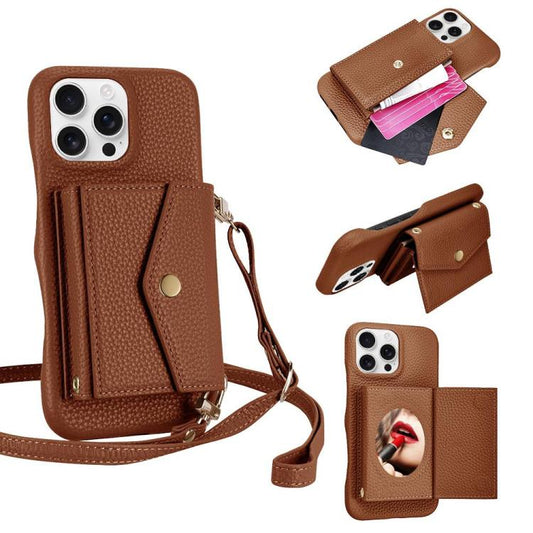 For iPhone 16 Pro Max Litchi Texture Horizontal Card Bag Holder Phone Case with Long Lanyard(Brown) - iPhone 16 Pro Max Cases by buy2fix | Online Shopping UK | buy2fix