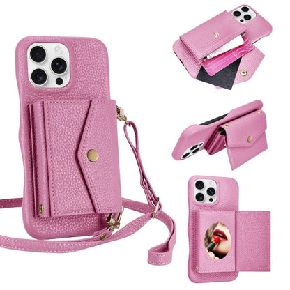 For iPhone 16 Pro Max Litchi Texture Horizontal Card Bag Holder Phone Case with Long Lanyard(Pink) - iPhone 16 Pro Max Cases by buy2fix | Online Shopping UK | buy2fix