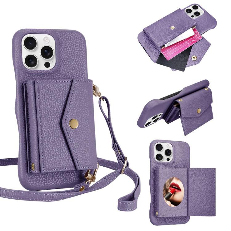 For iPhone 16 Pro Max Litchi Texture Horizontal Card Bag Holder Phone Case with Long Lanyard(Purple) - iPhone 16 Pro Max Cases by buy2fix | Online Shopping UK | buy2fix