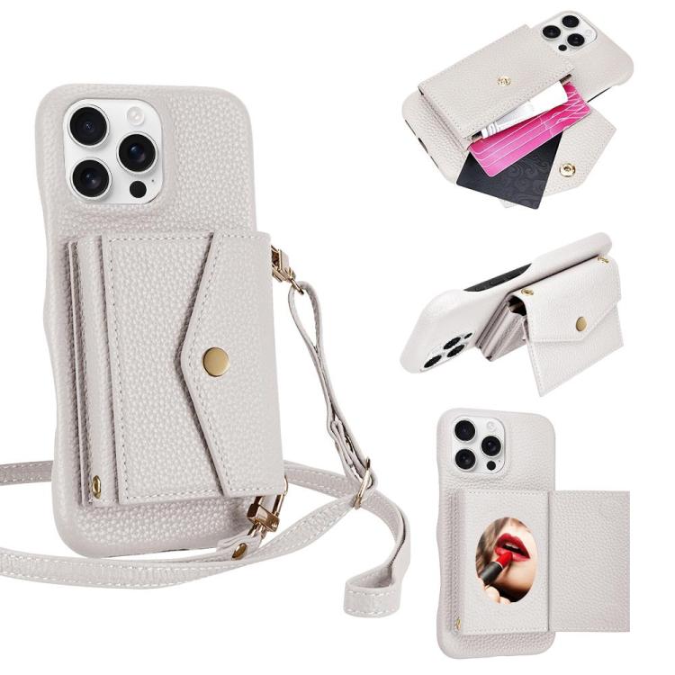 For iPhone 16 Pro Max Litchi Texture Horizontal Card Bag Holder Phone Case with Long Lanyard(White) - iPhone 16 Pro Max Cases by buy2fix | Online Shopping UK | buy2fix