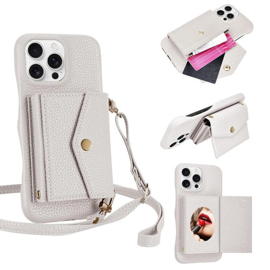 For iPhone 16 Pro Max Litchi Texture Horizontal Card Bag Holder Phone Case with Long Lanyard(White) - iPhone 16 Pro Max Cases by buy2fix | Online Shopping UK | buy2fix