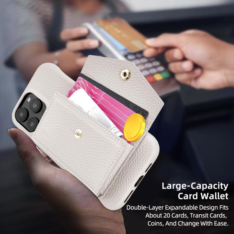 For iPhone 16 Pro Max Litchi Texture Horizontal Card Bag Holder Phone Case with Long Lanyard(White) - iPhone 16 Pro Max Cases by buy2fix | Online Shopping UK | buy2fix