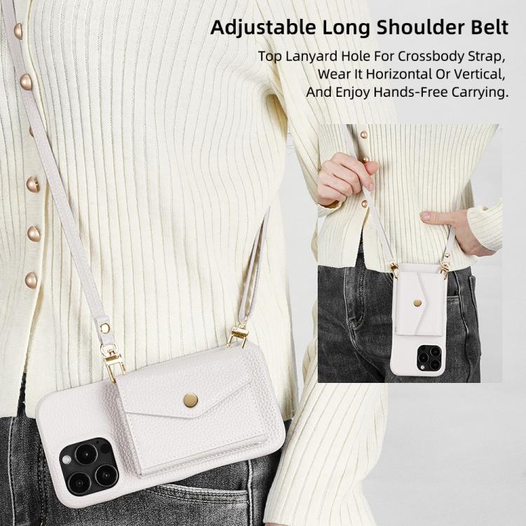 For iPhone 16 Pro Max Litchi Texture Horizontal Card Bag Holder Phone Case with Long Lanyard(White) - iPhone 16 Pro Max Cases by buy2fix | Online Shopping UK | buy2fix