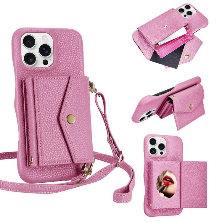 For iPhone 16 Pro Litchi Texture Horizontal Card Bag Holder Phone Case with Long Lanyard(Pink) - iPhone 16 Pro Cases by buy2fix | Online Shopping UK | buy2fix
