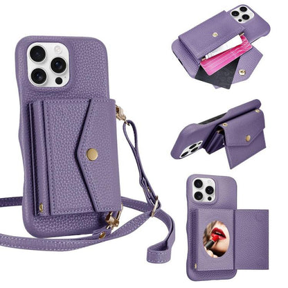 For iPhone 16 Pro Litchi Texture Horizontal Card Bag Holder Phone Case with Long Lanyard(Purple) - iPhone 16 Pro Cases by buy2fix | Online Shopping UK | buy2fix