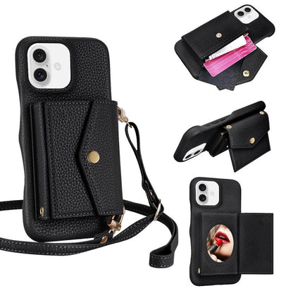 For iPhone 16 Plus Litchi Texture Horizontal Card Bag Holder Phone Case with Long Lanyard(Black) - iPhone 16 Plus Cases by buy2fix | Online Shopping UK | buy2fix
