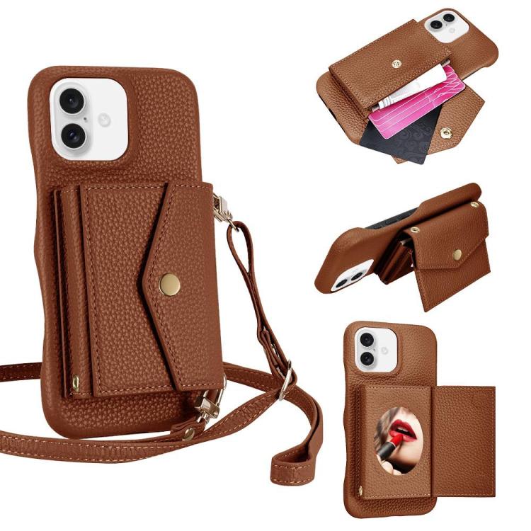 For iPhone 16 Plus Litchi Texture Horizontal Card Bag Holder Phone Case with Long Lanyard(Brown) - iPhone 16 Plus Cases by buy2fix | Online Shopping UK | buy2fix