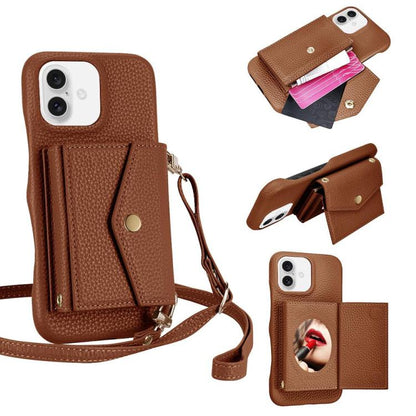 For iPhone 16 Plus Litchi Texture Horizontal Card Bag Holder Phone Case with Long Lanyard(Brown) - iPhone 16 Plus Cases by buy2fix | Online Shopping UK | buy2fix