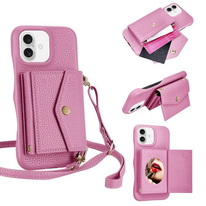 For iPhone 16 Plus Litchi Texture Horizontal Card Bag Holder Phone Case with Long Lanyard(Pink) - iPhone 16 Plus Cases by buy2fix | Online Shopping UK | buy2fix