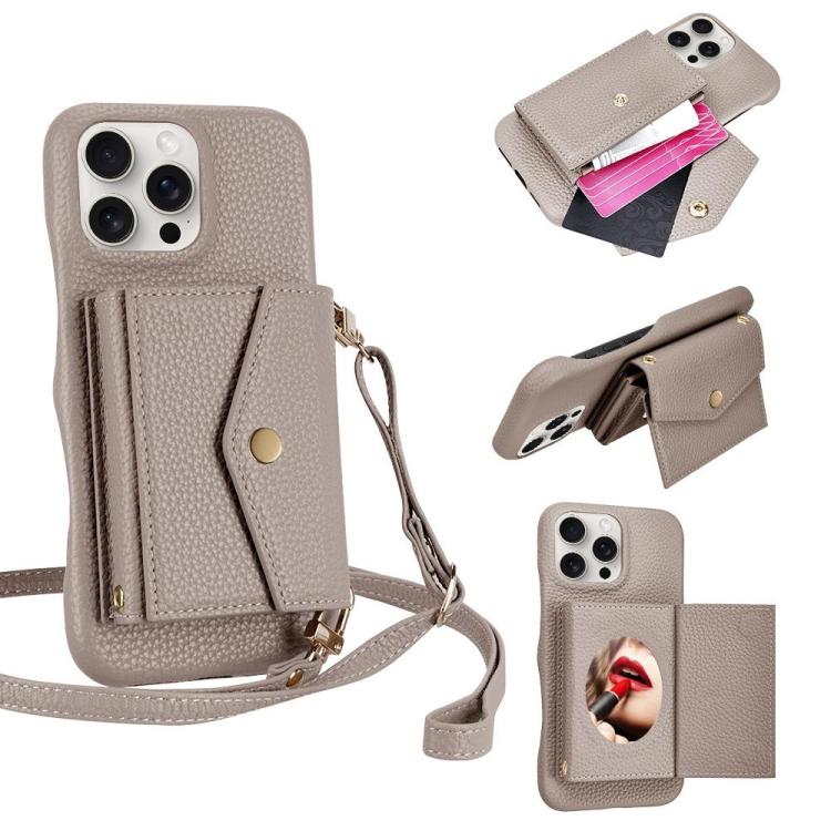 For iPhone 15 Pro Max Litchi Texture Horizontal Card Bag Holder Phone Case with Long Lanyard(Grey) - iPhone 15 Pro Max Cases by buy2fix | Online Shopping UK | buy2fix