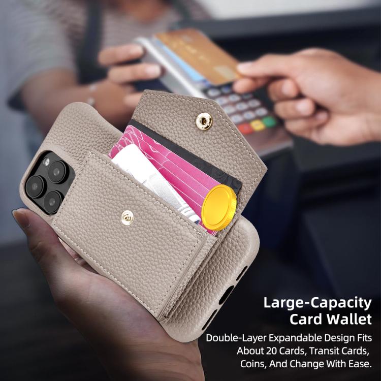 For iPhone 15 Pro Max Litchi Texture Horizontal Card Bag Holder Phone Case with Long Lanyard(Grey) - iPhone 15 Pro Max Cases by buy2fix | Online Shopping UK | buy2fix