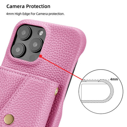 For iPhone 15 Pro Max Litchi Texture Horizontal Card Bag Holder Phone Case with Long Lanyard(Pink) - iPhone 15 Pro Max Cases by buy2fix | Online Shopping UK | buy2fix