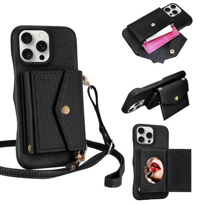For iPhone 15 Pro Litchi Texture Horizontal Card Bag Holder Phone Case with Long Lanyard(Black) - iPhone 15 Pro Cases by buy2fix | Online Shopping UK | buy2fix
