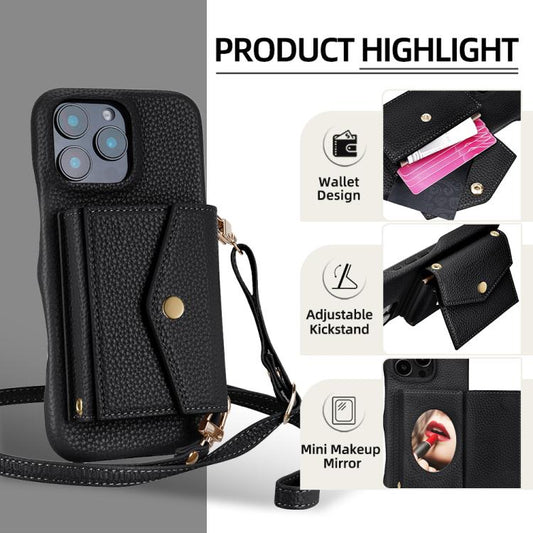 For iPhone 15 Pro Litchi Texture Horizontal Card Bag Holder Phone Case with Long Lanyard(Black) - iPhone 15 Pro Cases by buy2fix | Online Shopping UK | buy2fix