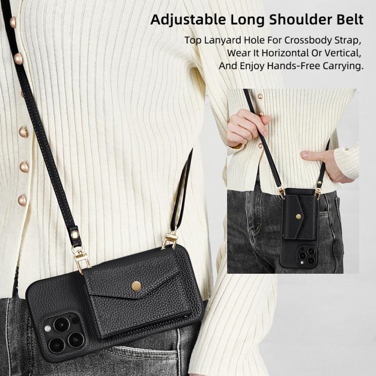 For iPhone 15 Pro Litchi Texture Horizontal Card Bag Holder Phone Case with Long Lanyard(Black) - iPhone 15 Pro Cases by buy2fix | Online Shopping UK | buy2fix