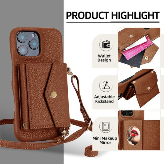 For iPhone 15 Pro Litchi Texture Horizontal Card Bag Holder Phone Case with Long Lanyard(Brown) - iPhone 15 Pro Cases by buy2fix | Online Shopping UK | buy2fix