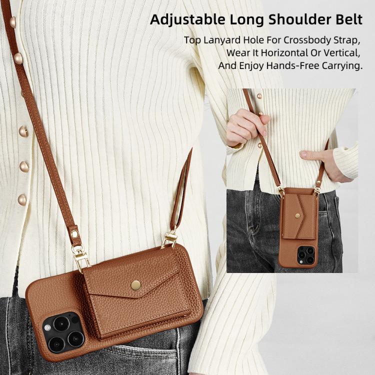 For iPhone 15 Pro Litchi Texture Horizontal Card Bag Holder Phone Case with Long Lanyard(Brown) - iPhone 15 Pro Cases by buy2fix | Online Shopping UK | buy2fix