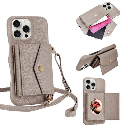 For iPhone 15 Pro Litchi Texture Horizontal Card Bag Holder Phone Case with Long Lanyard(Grey) - iPhone 15 Pro Cases by buy2fix | Online Shopping UK | buy2fix