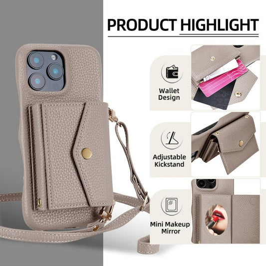 For iPhone 15 Pro Litchi Texture Horizontal Card Bag Holder Phone Case with Long Lanyard(Grey) - iPhone 15 Pro Cases by buy2fix | Online Shopping UK | buy2fix