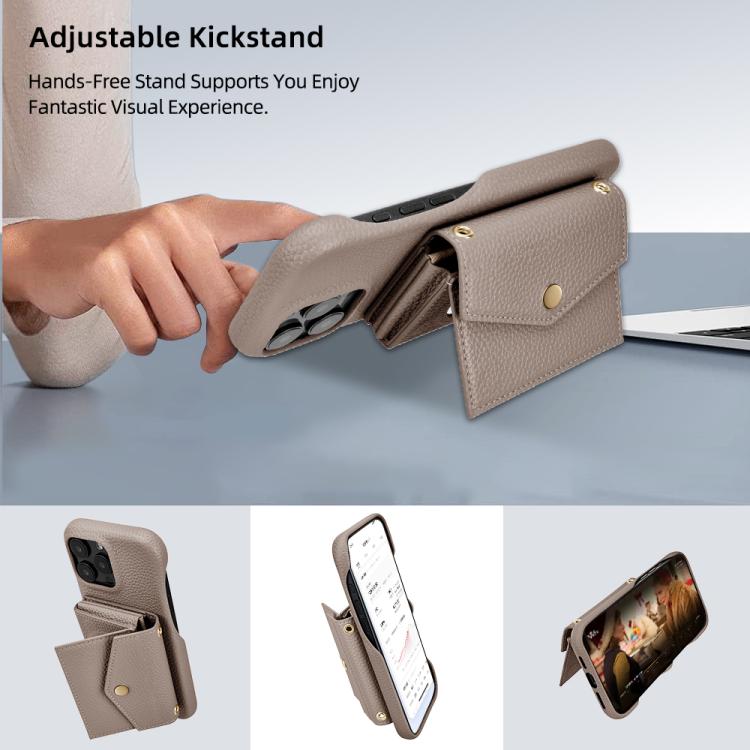 For iPhone 15 Pro Litchi Texture Horizontal Card Bag Holder Phone Case with Long Lanyard(Grey) - iPhone 15 Pro Cases by buy2fix | Online Shopping UK | buy2fix