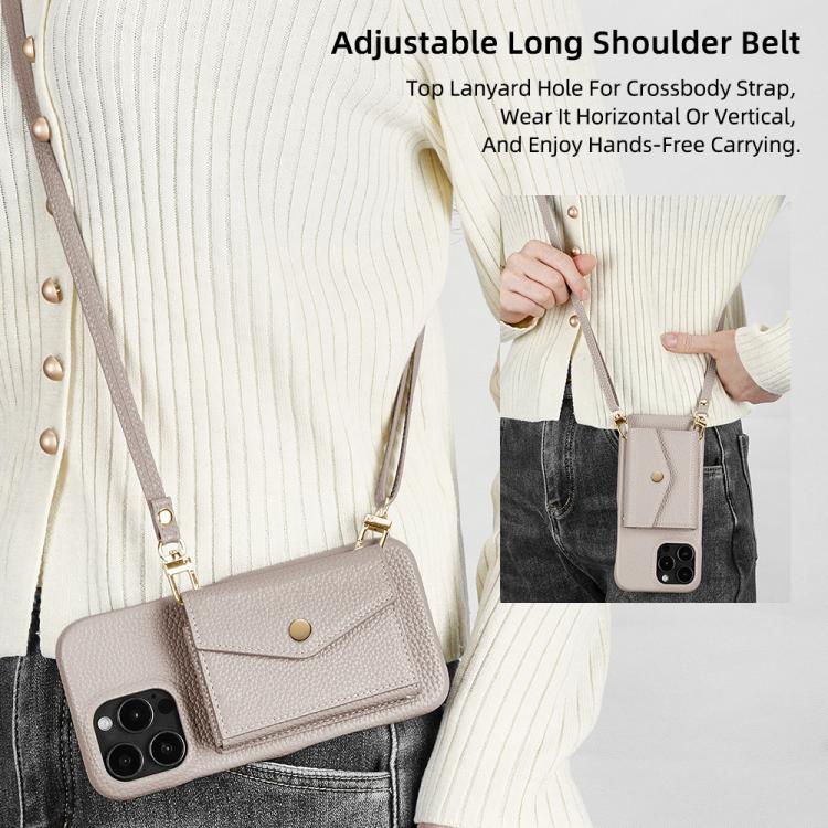 For iPhone 15 Pro Litchi Texture Horizontal Card Bag Holder Phone Case with Long Lanyard(Grey) - iPhone 15 Pro Cases by buy2fix | Online Shopping UK | buy2fix
