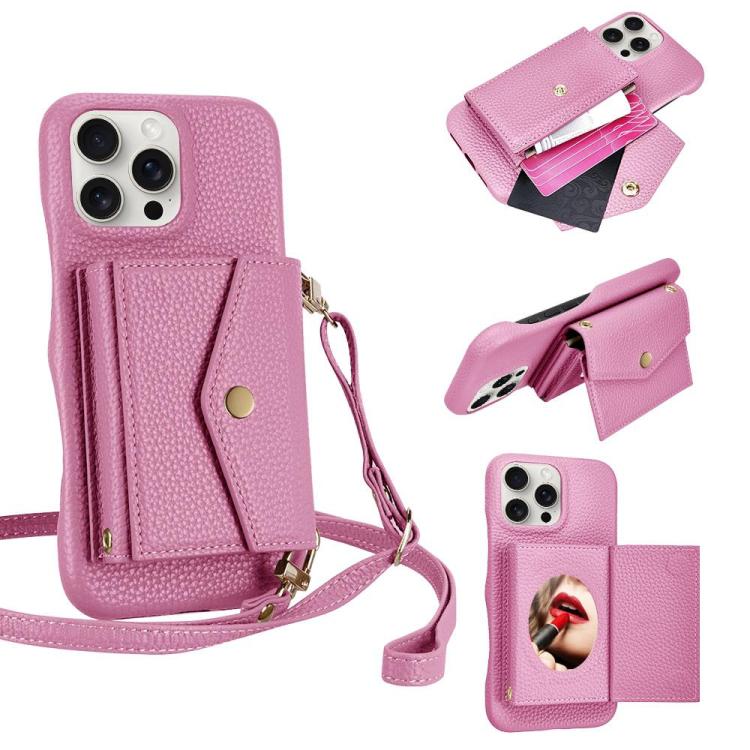 For iPhone 15 Pro Litchi Texture Horizontal Card Bag Holder Phone Case with Long Lanyard(Pink) - iPhone 15 Pro Cases by buy2fix | Online Shopping UK | buy2fix
