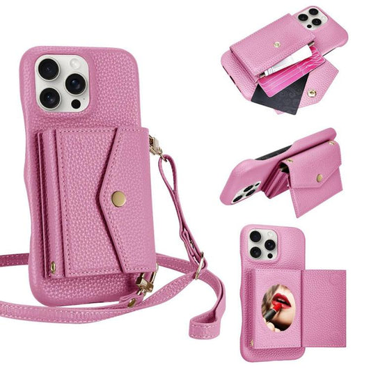 For iPhone 15 Pro Litchi Texture Horizontal Card Bag Holder Phone Case with Long Lanyard(Pink) - iPhone 15 Pro Cases by buy2fix | Online Shopping UK | buy2fix