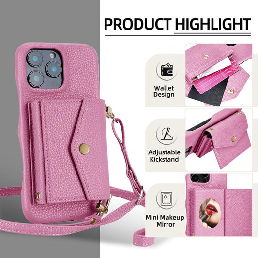 For iPhone 15 Pro Litchi Texture Horizontal Card Bag Holder Phone Case with Long Lanyard(Pink) - iPhone 15 Pro Cases by buy2fix | Online Shopping UK | buy2fix