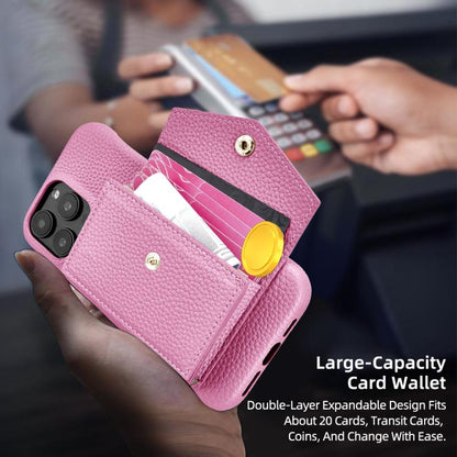 For iPhone 15 Pro Litchi Texture Horizontal Card Bag Holder Phone Case with Long Lanyard(Pink) - iPhone 15 Pro Cases by buy2fix | Online Shopping UK | buy2fix