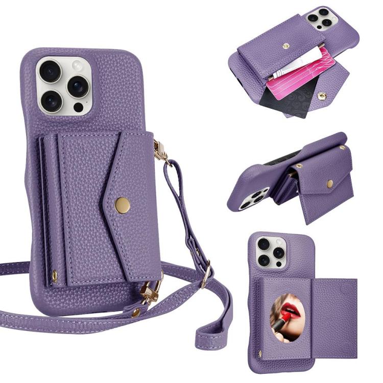 For iPhone 15 Pro Litchi Texture Horizontal Card Bag Holder Phone Case with Long Lanyard(Purple) - iPhone 15 Pro Cases by buy2fix | Online Shopping UK | buy2fix