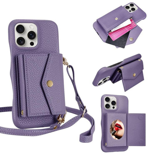For iPhone 15 Pro Litchi Texture Horizontal Card Bag Holder Phone Case with Long Lanyard(Purple) - iPhone 15 Pro Cases by buy2fix | Online Shopping UK | buy2fix