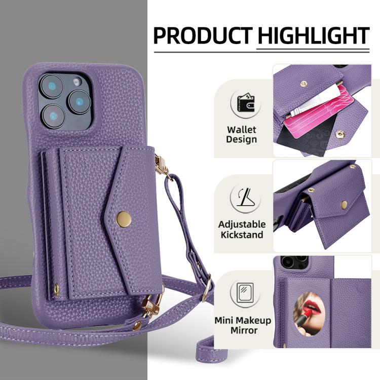 For iPhone 15 Pro Litchi Texture Horizontal Card Bag Holder Phone Case with Long Lanyard(Purple) - iPhone 15 Pro Cases by buy2fix | Online Shopping UK | buy2fix
