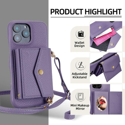 For iPhone 15 Pro Litchi Texture Horizontal Card Bag Holder Phone Case with Long Lanyard(Purple) - iPhone 15 Pro Cases by buy2fix | Online Shopping UK | buy2fix