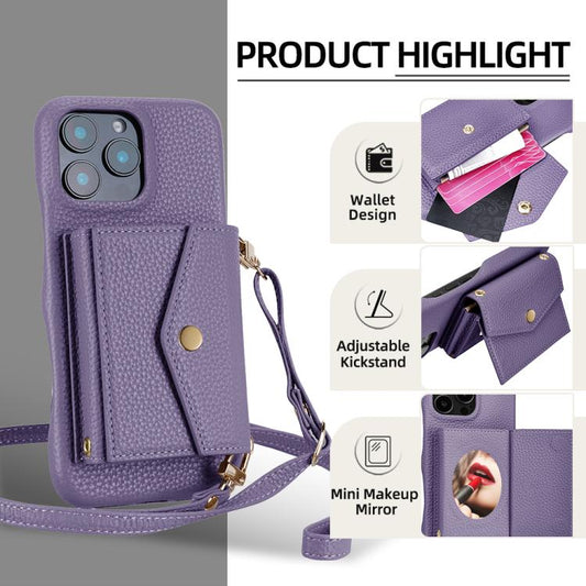 For iPhone 15 Pro Litchi Texture Horizontal Card Bag Holder Phone Case with Long Lanyard(Purple) - iPhone 15 Pro Cases by buy2fix | Online Shopping UK | buy2fix