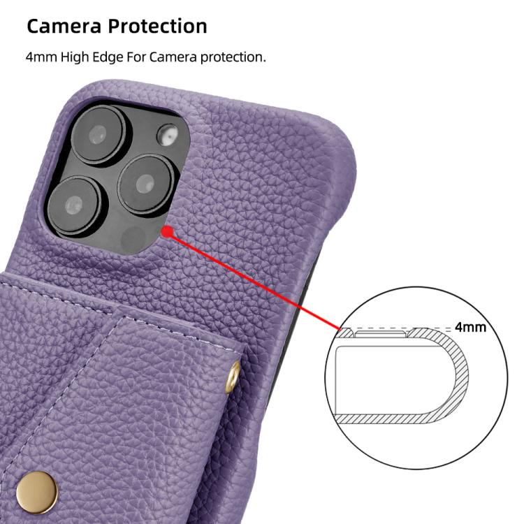 For iPhone 15 Pro Litchi Texture Horizontal Card Bag Holder Phone Case with Long Lanyard(Purple) - iPhone 15 Pro Cases by buy2fix | Online Shopping UK | buy2fix