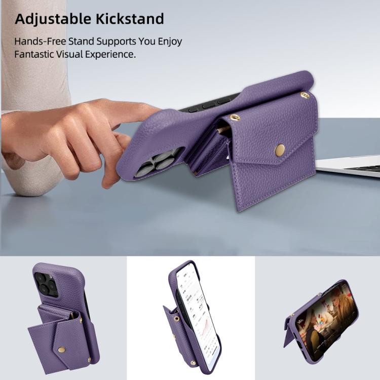 For iPhone 15 Pro Litchi Texture Horizontal Card Bag Holder Phone Case with Long Lanyard(Purple) - iPhone 15 Pro Cases by buy2fix | Online Shopping UK | buy2fix