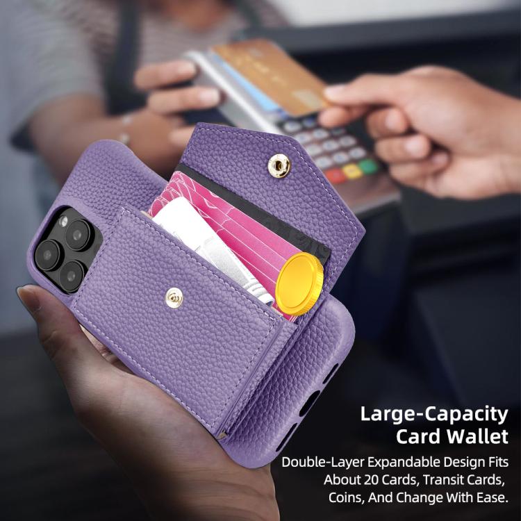 For iPhone 15 Pro Litchi Texture Horizontal Card Bag Holder Phone Case with Long Lanyard(Purple) - iPhone 15 Pro Cases by buy2fix | Online Shopping UK | buy2fix