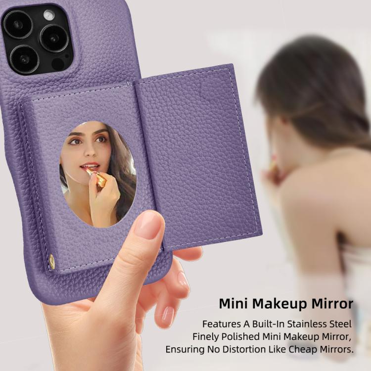 For iPhone 15 Pro Litchi Texture Horizontal Card Bag Holder Phone Case with Long Lanyard(Purple) - iPhone 15 Pro Cases by buy2fix | Online Shopping UK | buy2fix