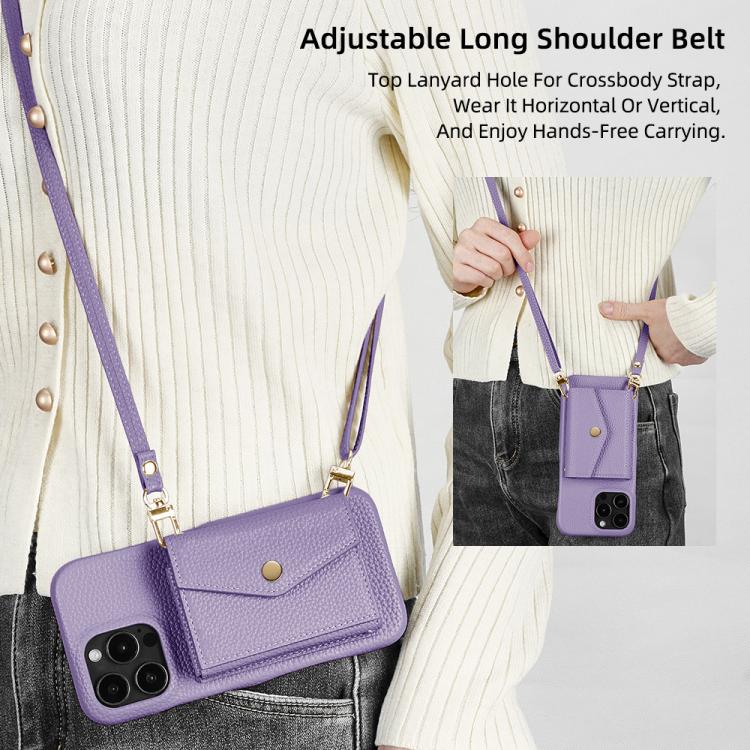For iPhone 15 Pro Litchi Texture Horizontal Card Bag Holder Phone Case with Long Lanyard(Purple) - iPhone 15 Pro Cases by buy2fix | Online Shopping UK | buy2fix