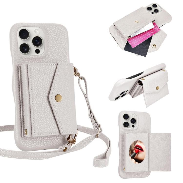 For iPhone 15 Pro Litchi Texture Horizontal Card Bag Holder Phone Case with Long Lanyard(White) - iPhone 15 Pro Cases by buy2fix | Online Shopping UK | buy2fix