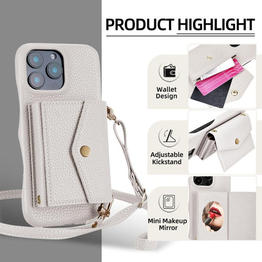 For iPhone 15 Pro Litchi Texture Horizontal Card Bag Holder Phone Case with Long Lanyard(White) - iPhone 15 Pro Cases by buy2fix | Online Shopping UK | buy2fix