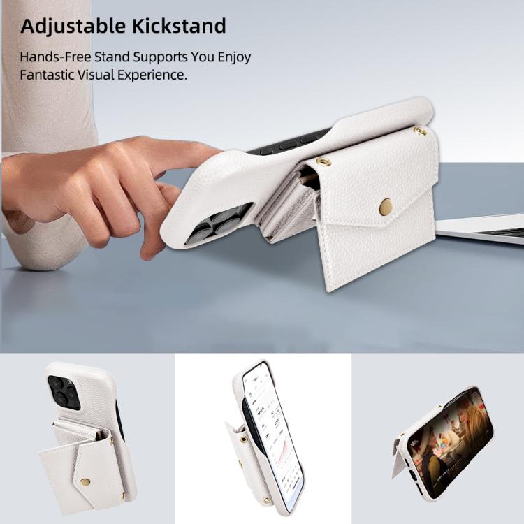 For iPhone 15 Pro Litchi Texture Horizontal Card Bag Holder Phone Case with Long Lanyard(White) - iPhone 15 Pro Cases by buy2fix | Online Shopping UK | buy2fix