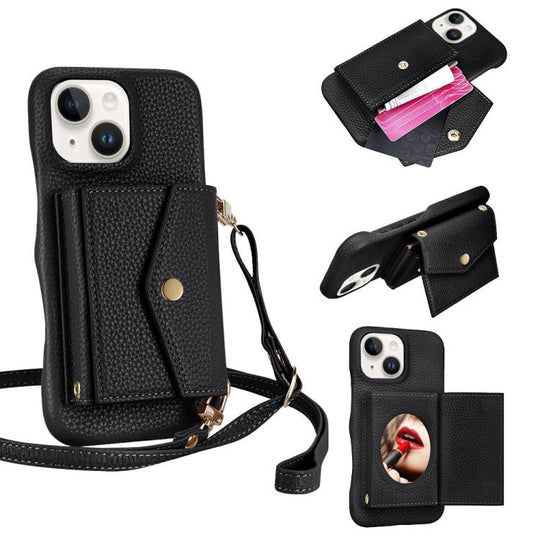 For iPhone 15 Litchi Texture Horizontal Card Bag Holder Phone Case with Long Lanyard(Black)