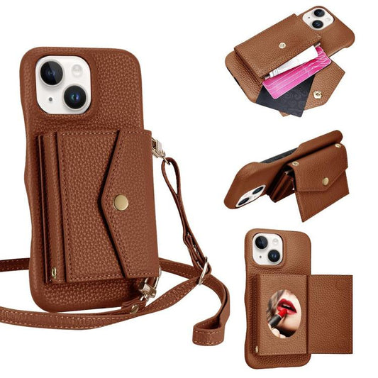For iPhone 15 Litchi Texture Horizontal Card Bag Holder Phone Case with Long Lanyard(Brown) - iPhone 15 Cases by buy2fix | Online Shopping UK | buy2fix
