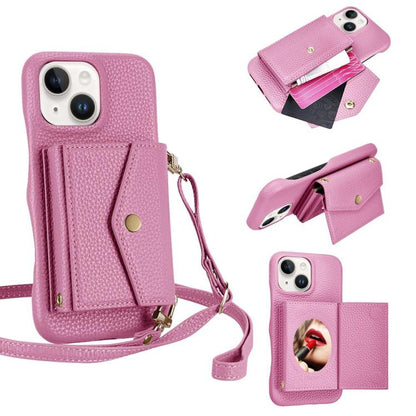 For iPhone 15 Litchi Texture Horizontal Card Bag Holder Phone Case with Long Lanyard(Pink) - iPhone 15 Cases by buy2fix | Online Shopping UK | buy2fix