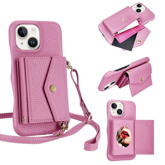 For iPhone 15 Litchi Texture Horizontal Card Bag Holder Phone Case with Long Lanyard(Pink)