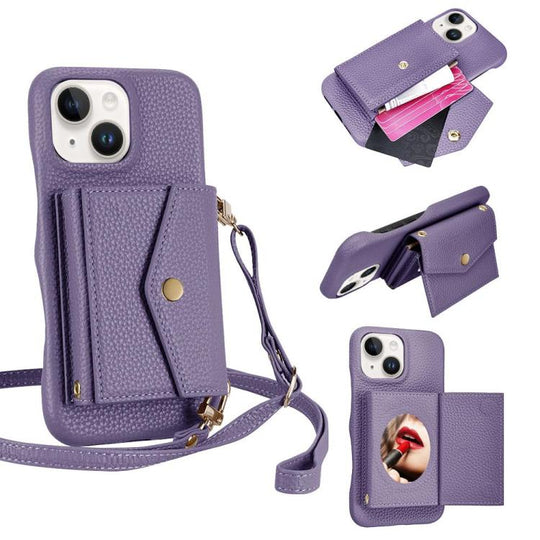 For iPhone 15 Litchi Texture Horizontal Card Bag Holder Phone Case with Long Lanyard(Purple)